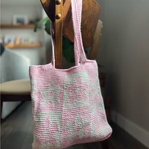Floral Crochet Tote Bag in Pink and White